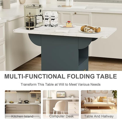 Folding Dining Table Lockable Wheels, Convertible Extendable Saving Kitchen Island Desk with Marble Texture Top, Storage Shelf Drawer, Rolling Multifunction Unit for Apartment Living Room Office