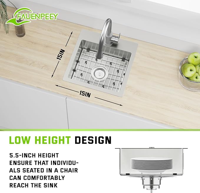15x15 Inch Stainless Steel Small Kitchen Sink-5.5 Inch Low Height Design Single Bowl Drop In Topmount Small Kitchen And Bar Sink Ensure Individuals With Limited Mobility Easily Accessing And Using