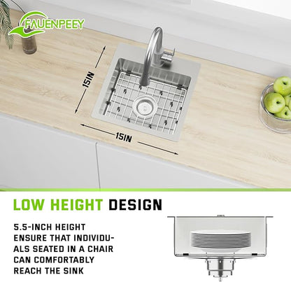 15x15 Inch Stainless Steel Small Kitchen Sink-5.5 Inch Low Height Design Single Bowl Drop In Topmount Small Kitchen And Bar Sink Ensure Individuals With Limited Mobility Easily Accessing And Using