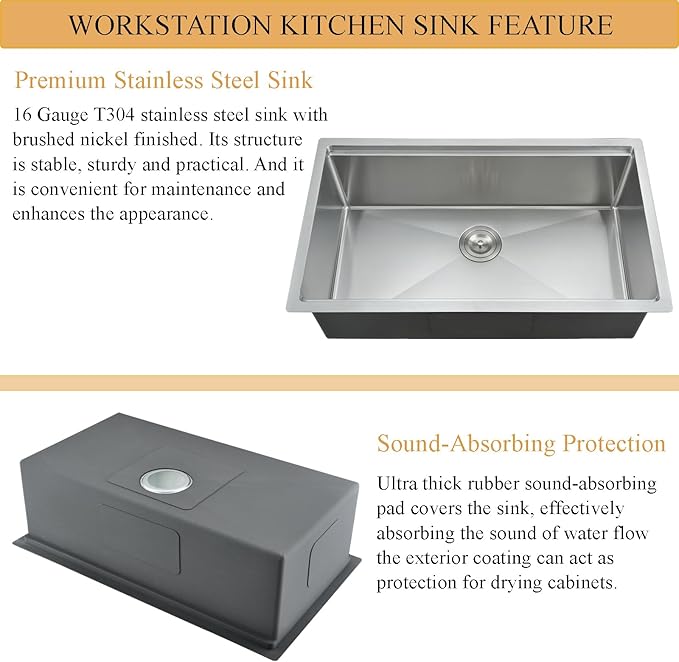 31 inch Undermount Kitchen Sink, 31x18 Inch Undermount Workstation Sink Single Bowl 16 Gauge 10 Inch Deep Handmade Stainless Steel Kitchen Sink with Cutting Board