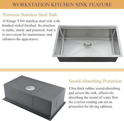 31 inch Undermount Kitchen Sink, 31x18 Inch Undermount Workstation Sink Single Bowl 16 Gauge 10 Inch Deep Handmade Stainless Steel Kitchen Sink with Cutting Board