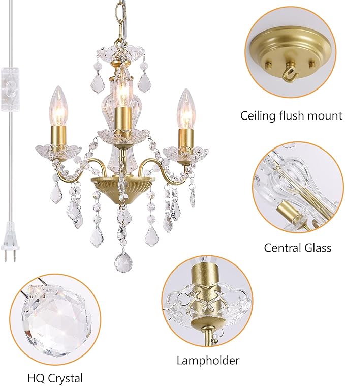 Plug in Modern 3-Light Gold Chandelier with Glass Crystals, Candle Style Pendant Light Fixtures for Living Room, Girls Room, Kitchen Island, Entryway