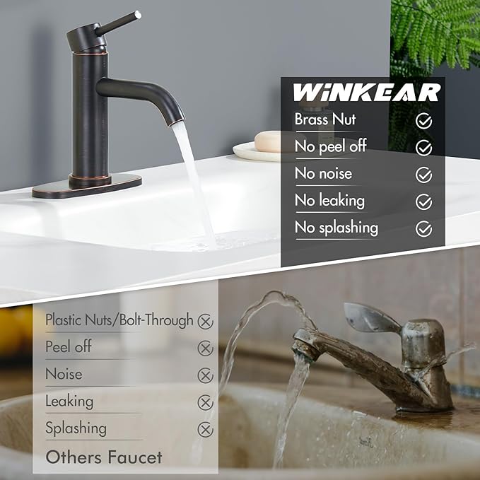 Oil Rubbed Bronze Bathroom Faucet, WINKEAR Single Hole Faucet with Pop-up Drain and Flexible Hoses, Single Handle Faucet for Bathroom Sink, Vanity, RV, Modern Farmhouse, Suitable for 1 Hole or 3 Hole