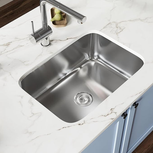 DeerValley 27 Inch Undermount Kitchen Sink 18 Gauge Stainless Steel Kitchen Sink Spacious Single Bowl Sinks with Basket Strainer Curved Shape Round Corner Deep Sinks for Modern Kitchens