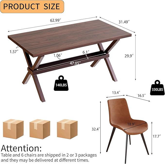 HIPIHOM 63" Dining Table and Chairs Set for 4, MDF Table with Sturdy Metal Frame, Comfortable PU Leather Chairs, Kitchen Tables Ideal for Small Dining Areas, Family Meals