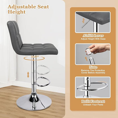 ERGOSEAT Bar Stools Set of 2, Armless Adjustable Swivel Barstools with Back, Double Needle PU Leather Counter Height Bar Stools for Kitchen Island, Grey