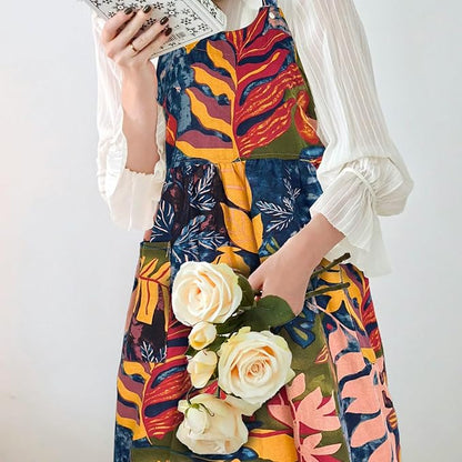 Cityelf Vintage Pinafore Apron Dress Snap Adjust Linen Cotton with Pockets Floral Aprons for Cooking Gardening
