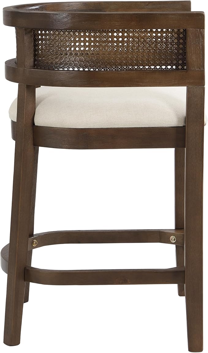 Set of 2 Upholstered Arm Counter Stools with Solid Rubberwood Frame & Natural Rattan Caned Back,Soft Padded Seating,Transitional Farmhouse Chairs for Kitchen Island Dining Room,25.5" H Walnut