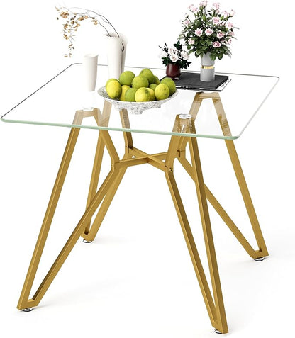 Glass Dining Table,35.4'' Square Dining Kitchen Table,Modern Dining Room Table with Gold Metal Base for Dining Room (Gold,35.4'',Square)