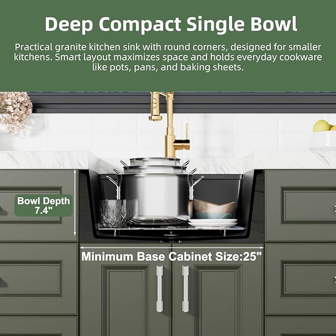 Davivy 22 Inch Granite Kitchen Sink Workstation, 22 x 19 Black Drop In/Undermount Kitchen Sink, Deep Quartz Composite Single Bowl Basin with Accessories