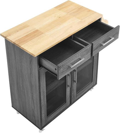 Modway Cuisine Rolling Kitchen Cart with Storage in Charcoal Natural - Portable Island for Kitchen with Spice Rack, Perfect as a Coffee Bar Cabinet, Butcher Block Island or Kitchen Island on Wheels