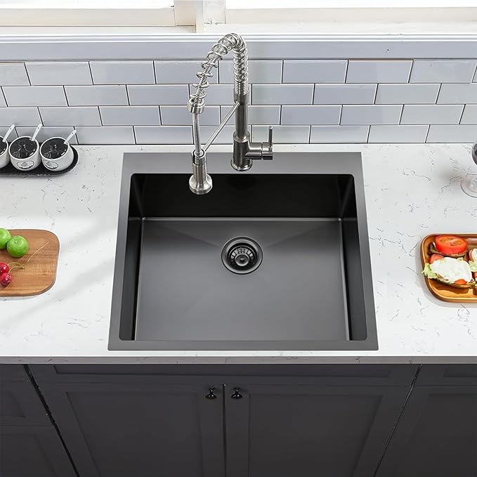 KINGO HOME 25x22 Inch Black Drop In Kitchen Sink, 25 Inch Gunmetal Black RV Laundry Utility Sinks, Top Mount 16 Gauge Stainless Steel Single Bowl Deep Small Kitchen Sink