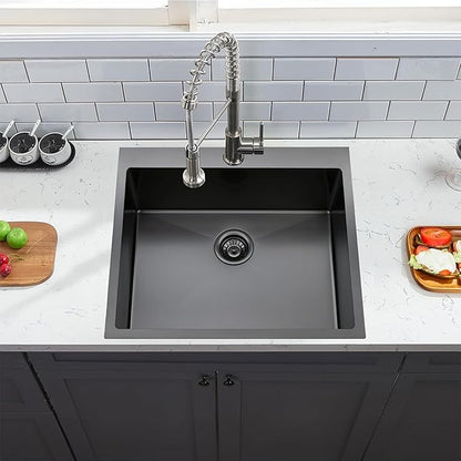 KINGO HOME 25x22 Inch Black Drop In Kitchen Sink, 25 Inch Gunmetal Black RV Laundry Utility Sinks, Top Mount 16 Gauge Stainless Steel Single Bowl Deep Small Kitchen Sink