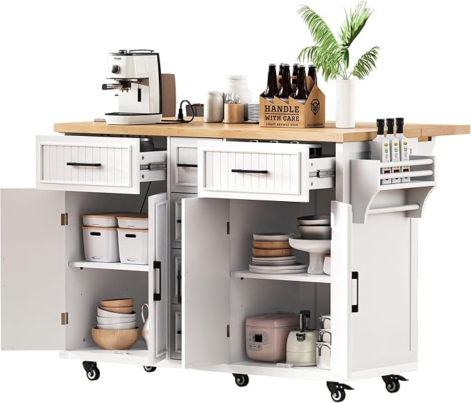 Ball & Cast 56.5" Large Kitchen Island with Drop Leaf and Power Outlet,Embossed Vertical Stripe Rolling Kitchen Cart on Wheels W/Adjustable Shelves,4 Doors & 5 Deep Drawers,for Dining Room,White