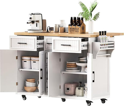 Ball & Cast 56.5" Large Kitchen Island with Drop Leaf and Power Outlet,Embossed Vertical Stripe Rolling Kitchen Cart on Wheels W/Adjustable Shelves,4 Doors & 5 Deep Drawers,for Dining Room,White