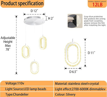 Modern LED Ring Chandelier Dimmable Crystal Ring Pendant Light for Kitchen Island Crystal Ring Chandelier for Dining Room Bedroom Living Room 3-Light Silver