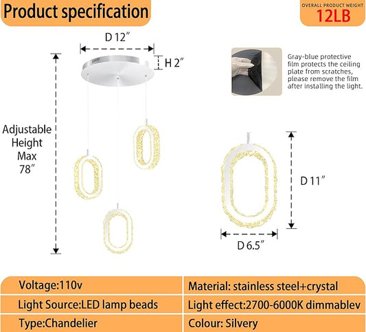 Modern LED Ring Chandelier Dimmable Crystal Ring Pendant Light for Kitchen Island Crystal Ring Chandelier for Dining Room Bedroom Living Room 3-Light Silver