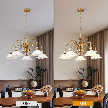 5-Light Vintage Chandeliers in Matte Brass Finish with White Glass Shades, Retro Chandelier Light for Dining Room, Hallway, Kitchen
