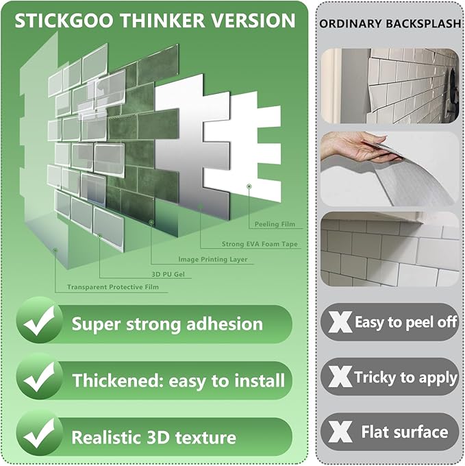 STICKGOO Peel and Stick Backsplash Subway Tiles, 10 Sheets of 12" x 12" - 3D Adhesive Peel and Stick Tile Backsplash for Kitchen, Bathroom, Wall Tile (Thicker Design, Forest Green)