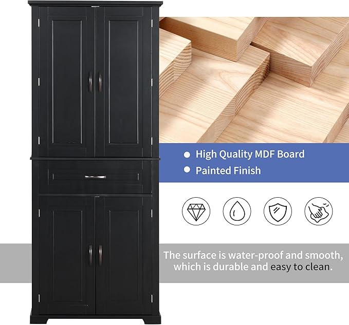 Storage Cabinet with 4 Doors and Drawers, 72.2" H Kitchen Cabinet with 6 Door Shelves, Kitchen Storage Cabinets with Adjustable Shelves for Living Room, Black