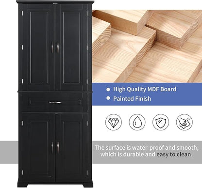 Storage Cabinet with 4 Doors and Drawers, 72.2" H Kitchen Cabinet with 6 Door Shelves, Kitchen Storage Cabinets with Adjustable Shelves for Living Room, Black