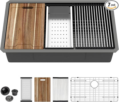 Kichae 32 Inch Undermount Kitchen Sink Black - 32" x 19" Kitchen Sink Workstation Gunmetal Black Stainless Steel 16 Gauge Handmade Single Bowl Basin
