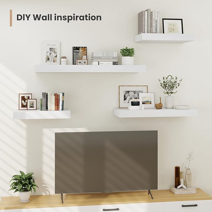 Heimlove 24 x 12 Inch Deep Floating Shelves Wall Mounted with Invisible Brackets, Storage Hanging Shelf for Wall Decor in Bathroom, Bedroom, Toilet, Kitchen, Living Room, Office, Set of 2, White