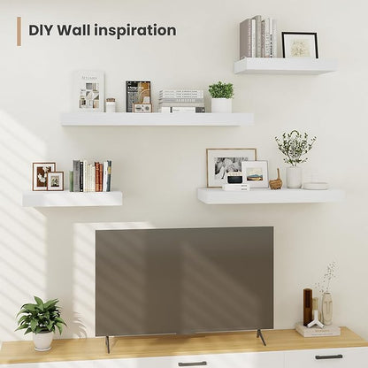 Heimlove 24 x 12 Inch Deep Floating Shelves Wall Mounted with Invisible Brackets, Storage Hanging Shelf for Wall Decor in Bathroom, Bedroom, Toilet, Kitchen, Living Room, Office, Set of 2, White