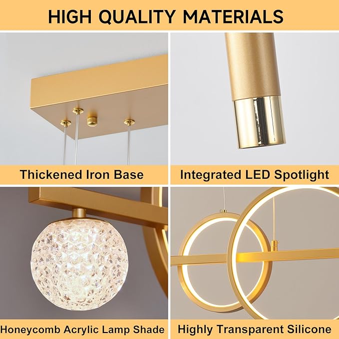 ORANOOR LED Gold Chandeliers for Dining Room, 47in Dimmable Modern Chandelier Gold Pendant Lights for Kitchen Island, Linear Ring Globe Pendant Light Fixtures Dining Room Lights Ceiling Hanging