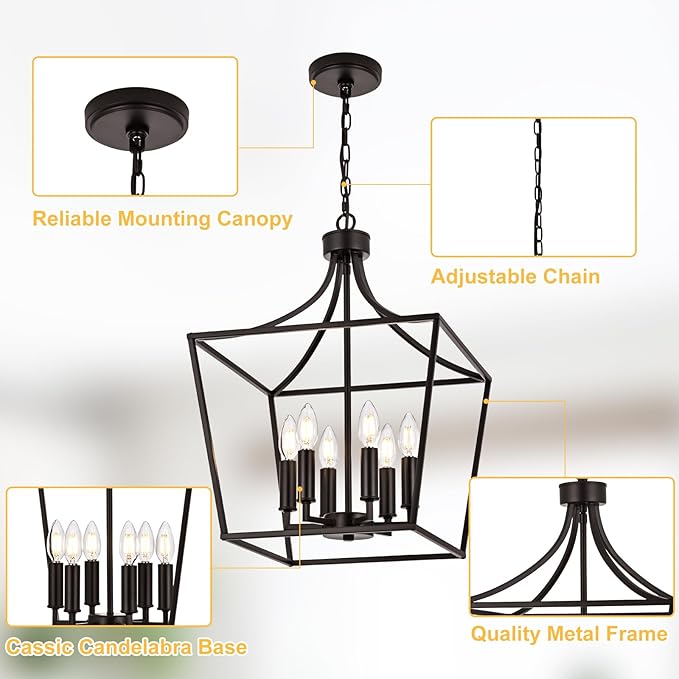 6-Light Farmhouse Chandelier, Adjustable Height Kitchen Island Pendant Lighting Fixture for Over Table Dining Room Living Room Foyer, Oil Rubbed Bronze & E12 Bulb Base
