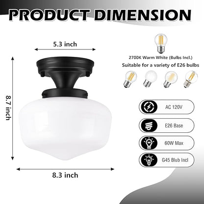Black Schoolhouse Light Fixture 8" Mid Century Light Fixture Schoolhouse Light Fixtures Ceiling Milk Glass Light Fixtures Semi Flush Mount Ceiling Light for Bathroom (Bulb Incl.)