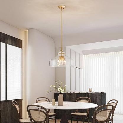 WUZUPS Chandelier Rustic Farmhouse Industrial Round Ceiling Pendant LED Light Fixture with Clear Glass Shades for Dining Room Kitchen Island Foyer Entryway, H 11.8" W 15", E26 Base, Gold