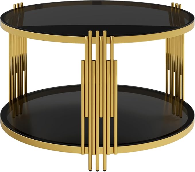 Modern Black Mirror Coffee Table, Asymmetrical Metal, Circular Metal Drum Base, Gold Finish & Lower Shelf