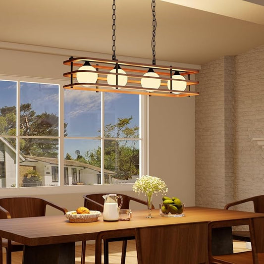 35.4" Farmhouse Dining Room Light Fixture, 4-Light Kitchen Island Lighting, Rustic Rectangular Chandeliers for Kitchen Island, Wood Linear Pendant Light Over Table