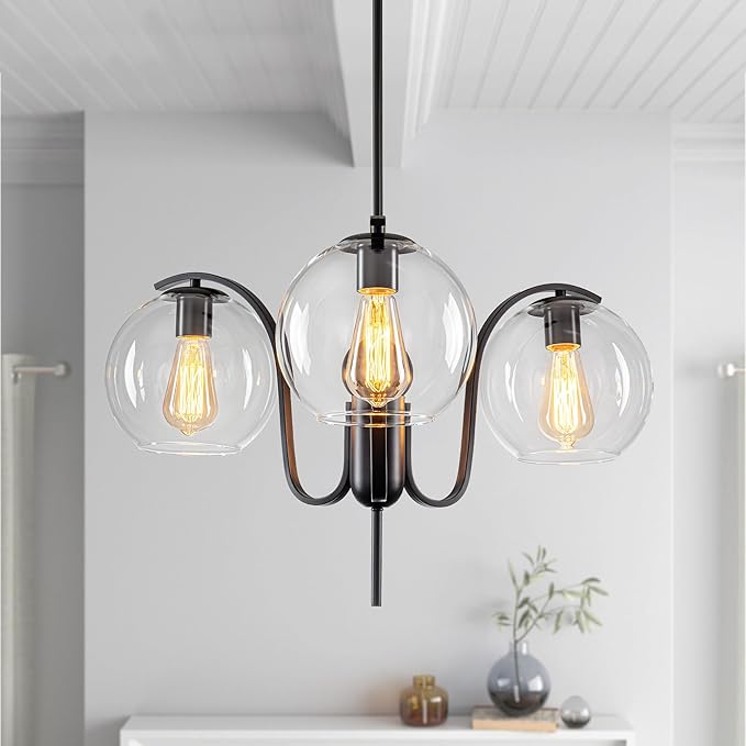 Industrial 3-Light Black Chandelier with Downward Curved Arms, Modern Pendant Light Fixture with Clear Glass Shade, Metal Hanging Ceiling Lighting for Kitchen, Dining Room, Entryway