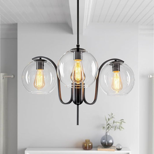 Industrial 3-Light Black Chandelier with Downward Curved Arms, Modern Pendant Light Fixture with Clear Glass Shade, Metal Hanging Ceiling Lighting for Kitchen, Dining Room, Entryway