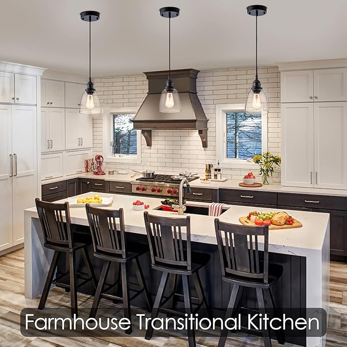 Pendant Light Over Island Hanging Lighting Industrial Clear Glass Adjustable Cord for Sink Kitchen Island Dining Room, Black, 1 Pack