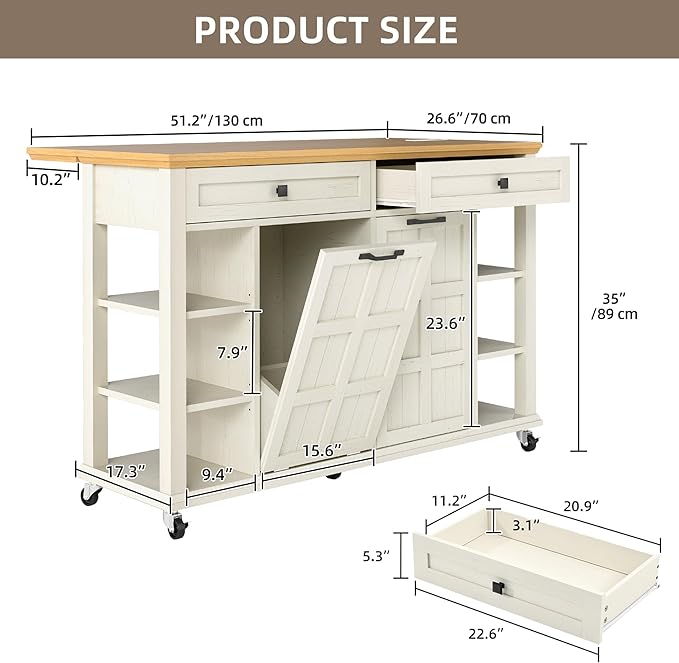 YITAHOME Rolling Kitchen Island with Drop Leaf, 51 Inch Kitchen Cart with Trash Can Cabinet, Americana Center Island with Power Outlet, Mobile Foldable Dining Table with Open Shelves, Off-White