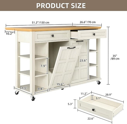 YITAHOME Rolling Kitchen Island with Drop Leaf, 51 Inch Kitchen Cart with Trash Can Cabinet, Americana Center Island with Power Outlet, Mobile Foldable Dining Table with Open Shelves, Off-White