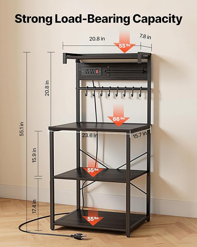 VEVOR Kitchen Bakers Rack with Power Outlets, 23.6 x 15.7 x 55.1 Inch Microwave Stand with Built-in Power Strip & 4.6 Ft Cord, 8 S-Shaped Hooks, for Dish Storage, Spice Jars, Coffee Bar Organization