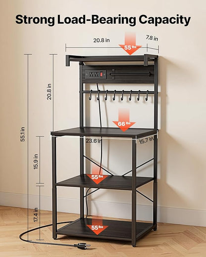 VEVOR Kitchen Bakers Rack with Power Outlets, 23.6 x 15.7 x 55.1 Inch Microwave Stand with Built-in Power Strip & 4.6 Ft Cord, 8 S-Shaped Hooks, for Dish Storage, Spice Jars, Coffee Bar Organization