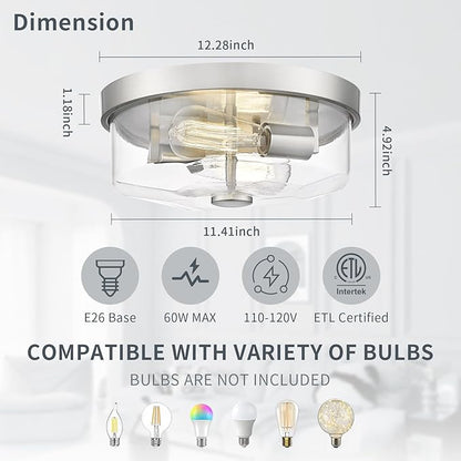 Brushed Nickel Flush Mount Ceiling Light, 2-Light Hallway Light Fixtures, Modern Farmhouse Farmhouse Ceiling Light Clear Glass for Kitchen Porch Entryway Indoor Outdoor