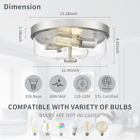 Brushed Nickel Flush Mount Ceiling Light, 2-Light Hallway Light Fixtures, Modern Farmhouse Farmhouse Ceiling Light Clear Glass for Kitchen Porch Entryway Indoor Outdoor
