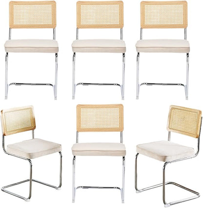 Rattan Back Velvet Dining Chair Set of 6 Modern Breuer Designed Stainless Chrome Base Armless Upholstered Dining Chair for Dining Room, Kitchen Island(Beige)