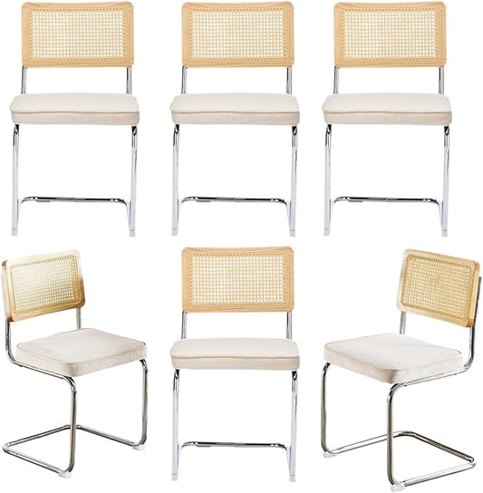 Rattan Back Velvet Dining Chair Set of 6 Modern Breuer Designed Stainless Chrome Base Armless Upholstered Dining Chair for Dining Room, Kitchen Island(Beige)