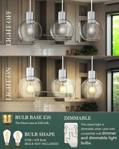 LMS Brushed Nickel Dining Room Light Fixture, 3-Light Clear Globe Glass Island Lights, Farmhouse Linear Chandeliers for Kitchen Island Pendant Light Fixtures, LMS-122SPL-BN3