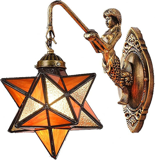 Moravian Star Wall Light with Tiffany Stained Glass Cover, Vintage Rustic Industrial Wall Sconce Retro Wall Mount Lamps Fixture 1-Light,Orange