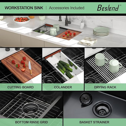 30 Black Undermount Kitchen Sink - 30x19 Gunmetal Black Double Bowl Kitchen Sinks Workstation 16 Gauge Stainless Steel Sink Low Divide Double Basin 50/50