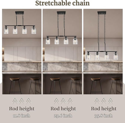 FRIXCHUR Black Kitchen Island Lighting, 4-Lights Linear Chandelier Pendant Light with Clear Glass Shade, Height Adjustable Industrial Chandelier Pendant Light for Kitchen Island Dining Room