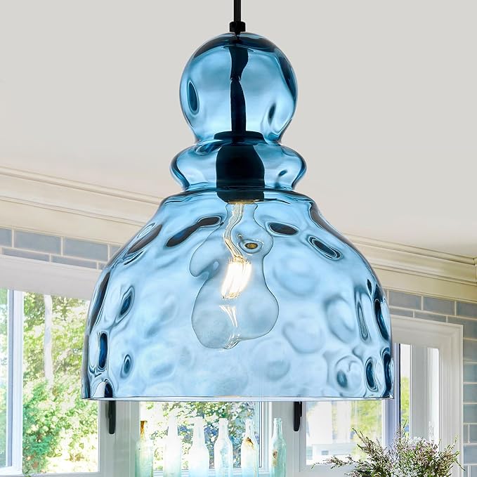 Coastal Pendant Light Blue Hammered Glass Kitchen Island Lights 12in Large Pendant Hanging Light for Dining Room Kitchen Sink Hallway Entrance, E26
